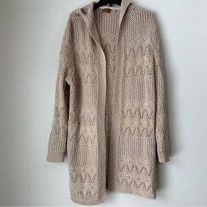 POL Crochet Knit Hooded Open Front Long Cardigan Tan Size M